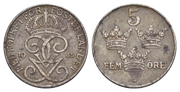 Швеция 5 эре 1945 Густав V (1907-1950) KM 812 железо 4648-1116