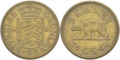 Гренландия 5 крон 1944 медведь, датская колония, Кристиан X (1912-1947) КМ 9 бронза 1520-434