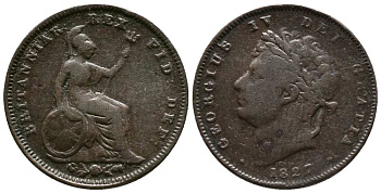 Великобритания 1/3 фартинга 1827 Георг IV (1820-1830) KM 703, Spink 3827 медь 1518-713