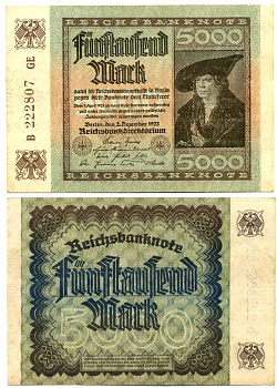 ГЕРМАНИЯ 5000 МАРОК 1922 2 ДЕКАБРЯ 1922, ВОДЯНОЙ ЗНАК Е, В ЗВЁЗДАХ G/D, ДЮРЕР Pick 81а бумага 444-108-1