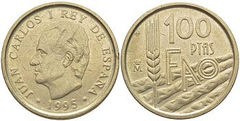 ИСПАНИЯ 100 ПЕСЕТ 1995 FAO, ХУАН КАРЛОС I (1975-) KM 950 никель латунь 117-222