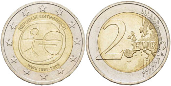 Австрия 2 евро 2009 10 лет монетарной политики ЕС (EMU) и введения евро KM 3175 биметалл UNC 23-936