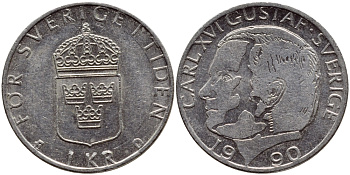 Швеция 1 крона 1990 Карл XVI Густав (1973- ) KM 852a медно-никель 4398-1245