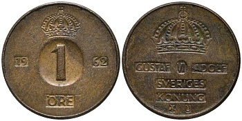 Швеция 1 эре 1962 U, Густав VI Адольф (1950-1973) KM 820 бронза 201-1152