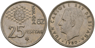 Испания 25 песет 1980 Чемпионат мира по футболу в Испании 1982 года, Хуан Карлос I (1975-2014) KM 818 медно-никель 4165-1013