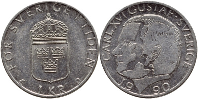 Швеция 1 крона 1990 Карл XVI Густав (1973- ) KM 852a медно-никель 4398-1245