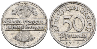 Германия 50 пфеннигов 1920 A KM 27, J. 301 алюминий 60-1117