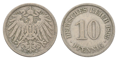 Германия 10 пфеннигов 1893 A, Вильгельм II (1888-1918) KM 12, J. 13 медно-никель 4636-715