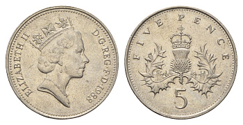 Великобритания 5 пенсов 1988 Елизавета II (1952-2022) KM 937 медно-никель 4635-245