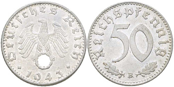 ГЕРМАНИЯ 50 РЕЙХСПФЕННИГОВ 1943 B KM 96, J.372 алюминий 95-736