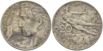 Италия 20 чентезимо 1921 R, Виктор Эммануил III (1900-1946) KM 44 никель 113-1232