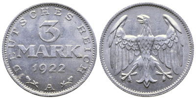 ГЕРМАНИЯ 3 МАРКИ 1922 А KM 28, J. 302 алюминий 4380-724