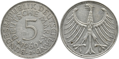 ФРГ 5 марок 1960 J KM 112.1, J. 387 серебро 413-6811