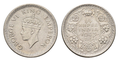 Британская Индия 1/4 рупии 1943 Георг VI (1936-1952) KM 546 серебро 4152-159