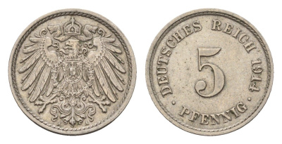 Германия 5 пфеннигов 1914 A, Вильгельм II (1888-1918) KM 11, J. 12 медно-никель 4636-268