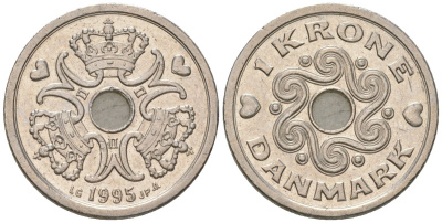 Дания 1 крона 1995 сердце LG, Маргрете II (1972-) KM 873 медно-никель aUNC 4561-457