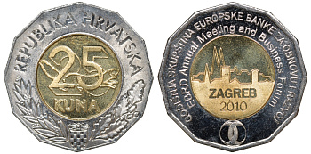 Хорватия 25 кун 2010 бизнес форум в Загребе KM 93 биметалл UNC M21-15