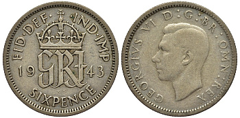 Великобритания 6 пенсов 1943 Георг VI (1936-1952) KM 852, Spink 4084 серебро 4538-524