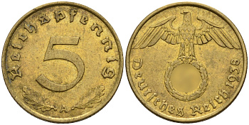 Германия 5 рейхспфеннигов 1938 A KM 91, J. 363 алюминиевая бронза 4151-815