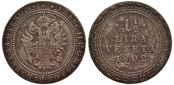 Венеция 1 1/2 лиры 1802 дом Габсбургов KM 165.1, J. 144 серебро 00-000-00