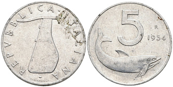 ИТАЛИЯ 5 ЛИР 1954 R, РУЛЬ, ДЕЛЬФИН КМ 92 алюминий 4573-216