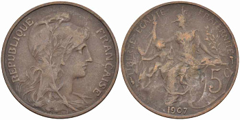 ФРАНЦИЯ 5 САНТИМОВ 1907 ТИП ДАНИЭЛЬ ДЮПЮИ KM 842, LE FRANC 119.17 бронза 108-854