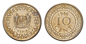 Суринам 10 центов 1989 KM 13a медно-никель BU 4649-1014
