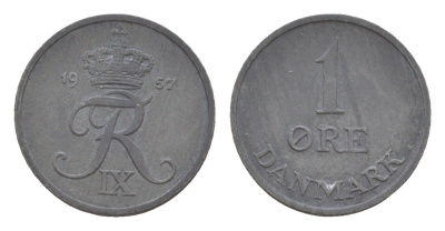Дания 1 эре 1957 С. S, Фредерик IX (1947-1972) KM 839 цинк 4651-823