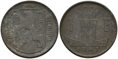 Бельгия 1 франк 1943 Belgique - Belgie, Леопольд III (1934-1947), германская оккупация, Вторая мировая война KM 127 цинк 4161-535