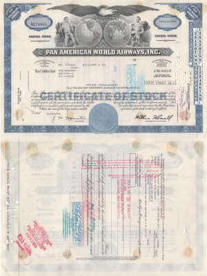 США, Pan American World Airwaysсертификат на 100 акций1974бумага5554-34-2