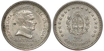 Уругвай 25 сентесимо 1960 KM 40 медно-никель 4169-813