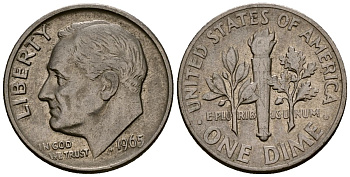 США 10 центов (дайм) 1965 Рузвельт KM 195a медь плакированная медно-никелем 4164-924