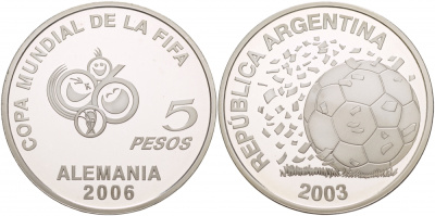 Аргентина 5 песо 2003 чемпионат мира по футболу в Германии 2006 FIFA КМ 143 серебро PROOF 1088-6-11