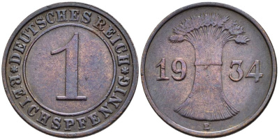 ГЕРМАНИЯ 1 РЕЙХСПФЕННИГ 1934 E KM 37, J. 313, Weege 2 бронза 4547-213