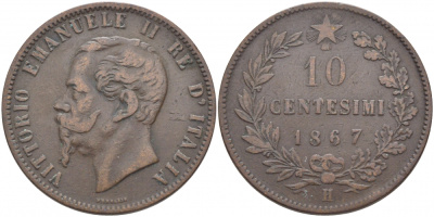 Италия 10 чентезимо 1867 H, Виктор Эммануил II (1861-1878) KM 11.3 медь 114-623