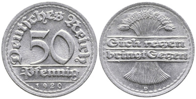 ГЕРМАНИЯ 50 ПФЕННИГОВ 1920 D KM 27, J. 301 алюминий 24-941