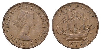 Великобритания 1/2 пенни 1966 Елизавета II (1952-2022) KM 896, Spink 4158 бронза 4663-111