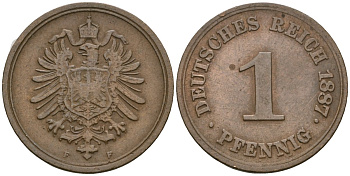 Германия 1 пфенниг 1887 F, Вильгельм I (1871-1888) KM 1, J. 1 медь 4547-1162