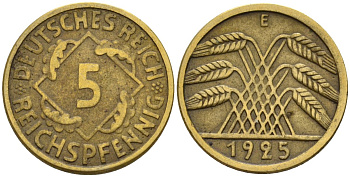 Германия 5 рейхспфеннигов 1925 E KM 39, J. 316 алюминиевая бронза 4151-723