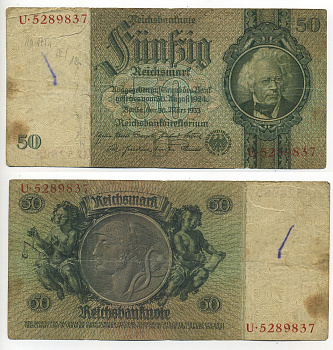 ГЕРМАНИЯ 50 РЕЙХСМАРОК 1933 Pick 182а бумага 7217-40-3