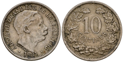 Люксембург 10 сантимов 1901 Адольф (1890-1905) KM 25 медно-никель 4602-446