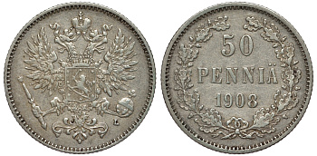 Россия для Финляндии 50 пенни 1908 L, Николай II (1894-1917) КМ 2.2, Биткин 403 серебро 75-838