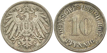 Германия 10 пфеннигов 1907 F KM 12, J. 13, Weege 8 медно-никель 259-925