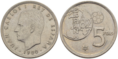 Испания 5 песет 1980 (80), Хуан Карлос , чемпионат мира по футболу, Испания 1982 KM 817 медно-никель 67-922