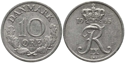 ДАНИЯ 10 ЭРЕ 1965 C; S, ФРЕДЕРИК IX (1947-1972) KM 841.3 медно-никель 116-223