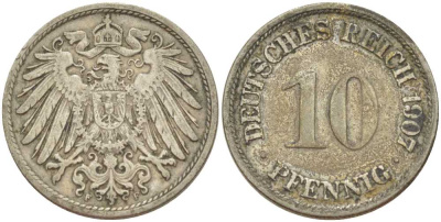Германия 10 пфеннигов 1907 F KM 12, J. 13, Weege 8 медно-никель 259-925
