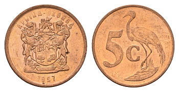 ЮАР 5 центов 1997 герб, райский журавль KM 160 сталь плакированная медью UNC 4687-219