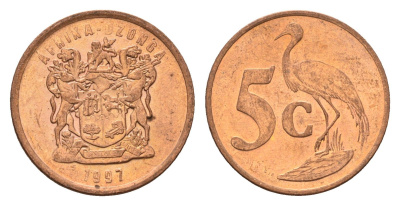 ЮАР 5 центов 1997 герб, райский журавль KM 160 сталь плакированная медью UNC 4687-219