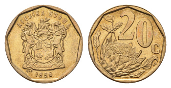 ЮАР 20 центов 1996 герб, цветок протея KM 162 сталь плакированная латунью UNC 4694-848