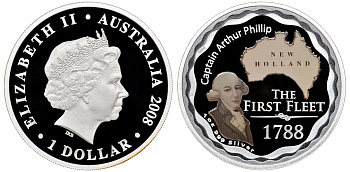 Австралия 1 доллар 2008 220 лет прибытию первого флота с поселенцами, адмирал Артур Филлип, эмаль серебро PROOF 8-1-05-08